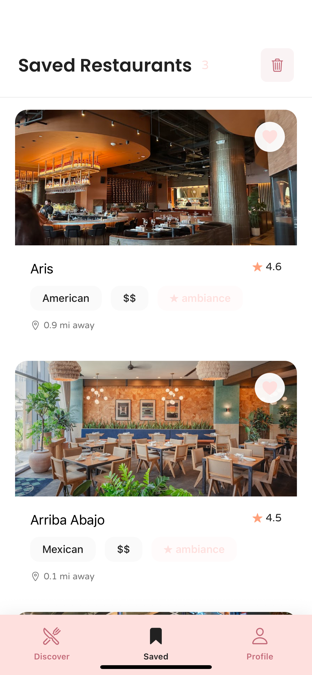 Saved restaurants screen